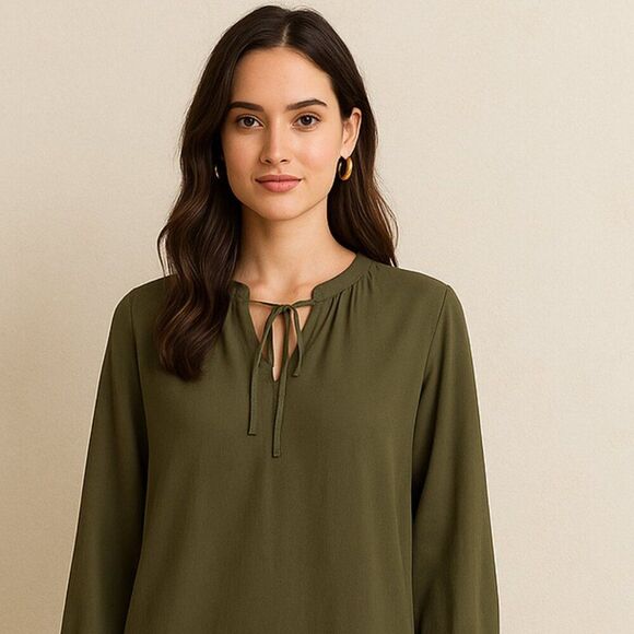 Chico's Poplin Dress with Pockets and Tie Neck Olive Army Green Size Medium - Picture 2 of 6